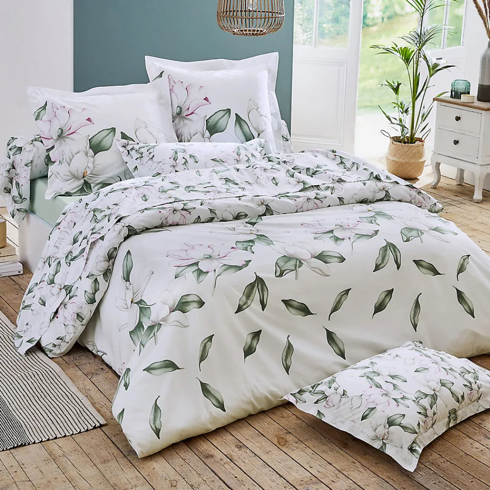 Ensemble drap plat et 2 taies Magnolia Sauge (240x310 cm - Blanc)>Tradilinge Discount