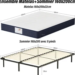 Ensemble Matelas à ressorts +Sommier à Lattes sur Pieds, 160x200cm, Epaisseur du Matelas 22cm>Teeno Online