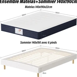 Teeno Ensemble Matelas à ressorts+ Lit Sommier Tapissier Déco 140x190cm, Epaisseur du Matelas 22cm* Ensemble Sommier Et Matelas