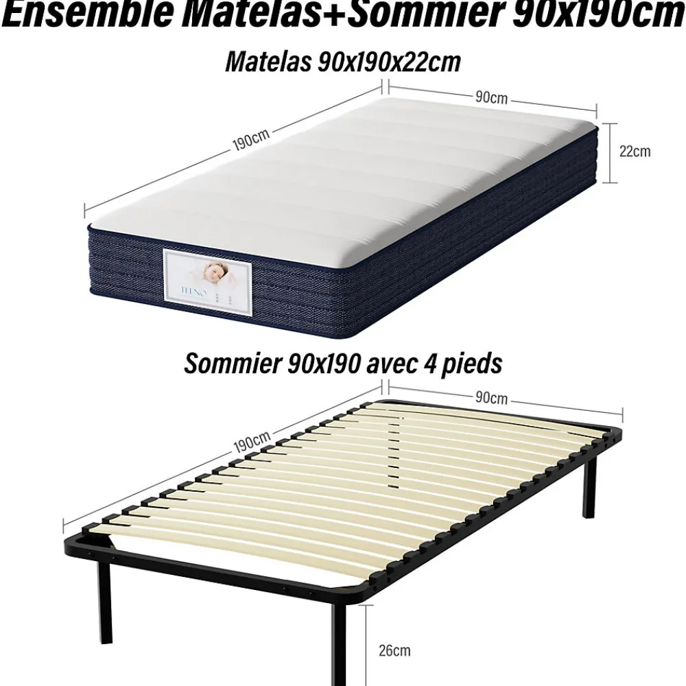 Ensemble Matelas à ressorts +Sommier à Lattes sur Pieds, 90x190cm, Epaisseur du Matelas 22cm>Teeno Hot
