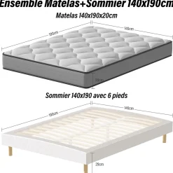 Teeno Ensemble Matelas à ressorts+ Lit Sommier Tapissier Déco 140x190cm, Epaisseur du Matelas 20cm* Ensemble Sommier Et Matelas