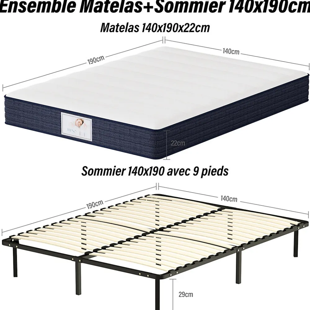 Ensemble Matelas à ressorts +Sommier à Lattes sur Pieds, 140x190cm, Epaisseur du Matelas 22cm>Teeno