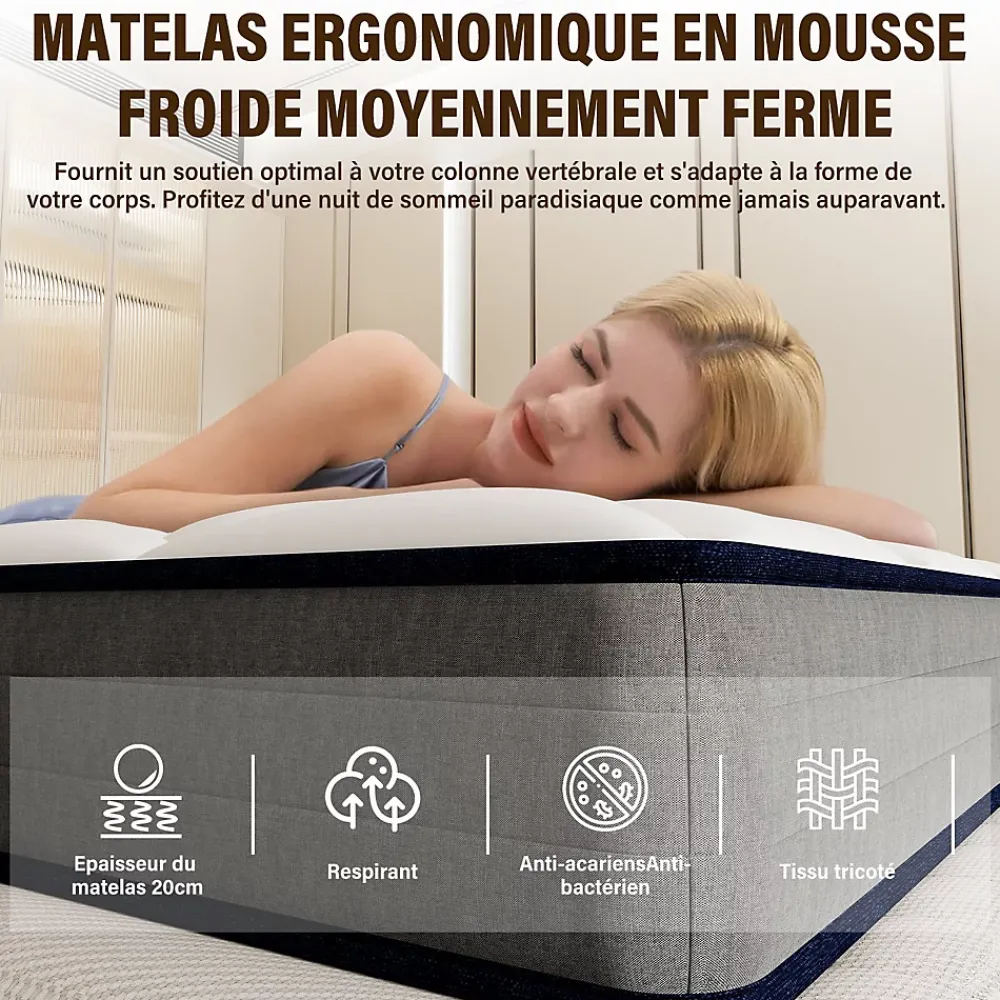 Teeno Ensemble Matelas à ressorts +Sommier à Lattes sur Pieds, 160x200cm, Epaisseur du Matelas 20cm* Ensemble Sommier Et Matelas