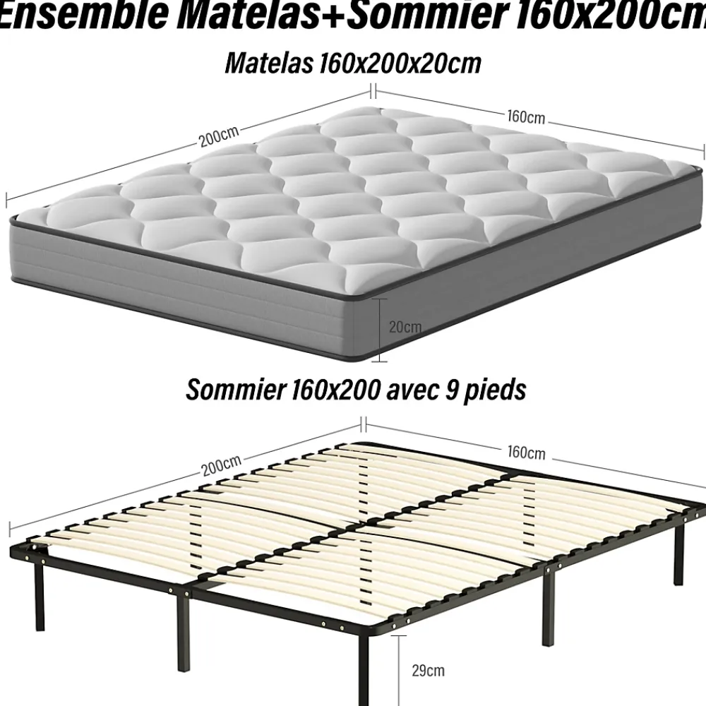 Teeno Ensemble Matelas à ressorts +Sommier à Lattes sur Pieds, 160x200cm, Epaisseur du Matelas 20cm* Ensemble Sommier Et Matelas