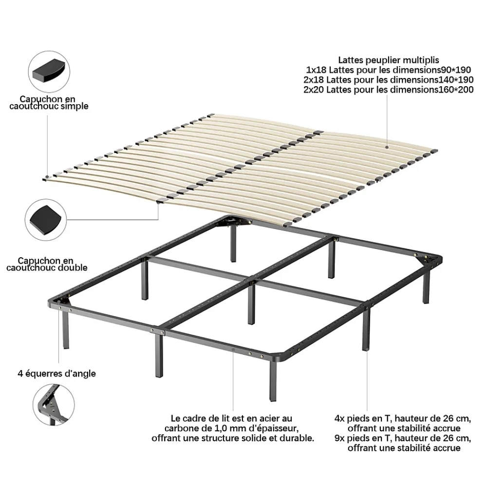 Teeno Ensemble Matelas à ressorts +Sommier à Lattes sur Pieds, 160x200cm, Epaisseur du Matelas 20cm* Ensemble Sommier Et Matelas