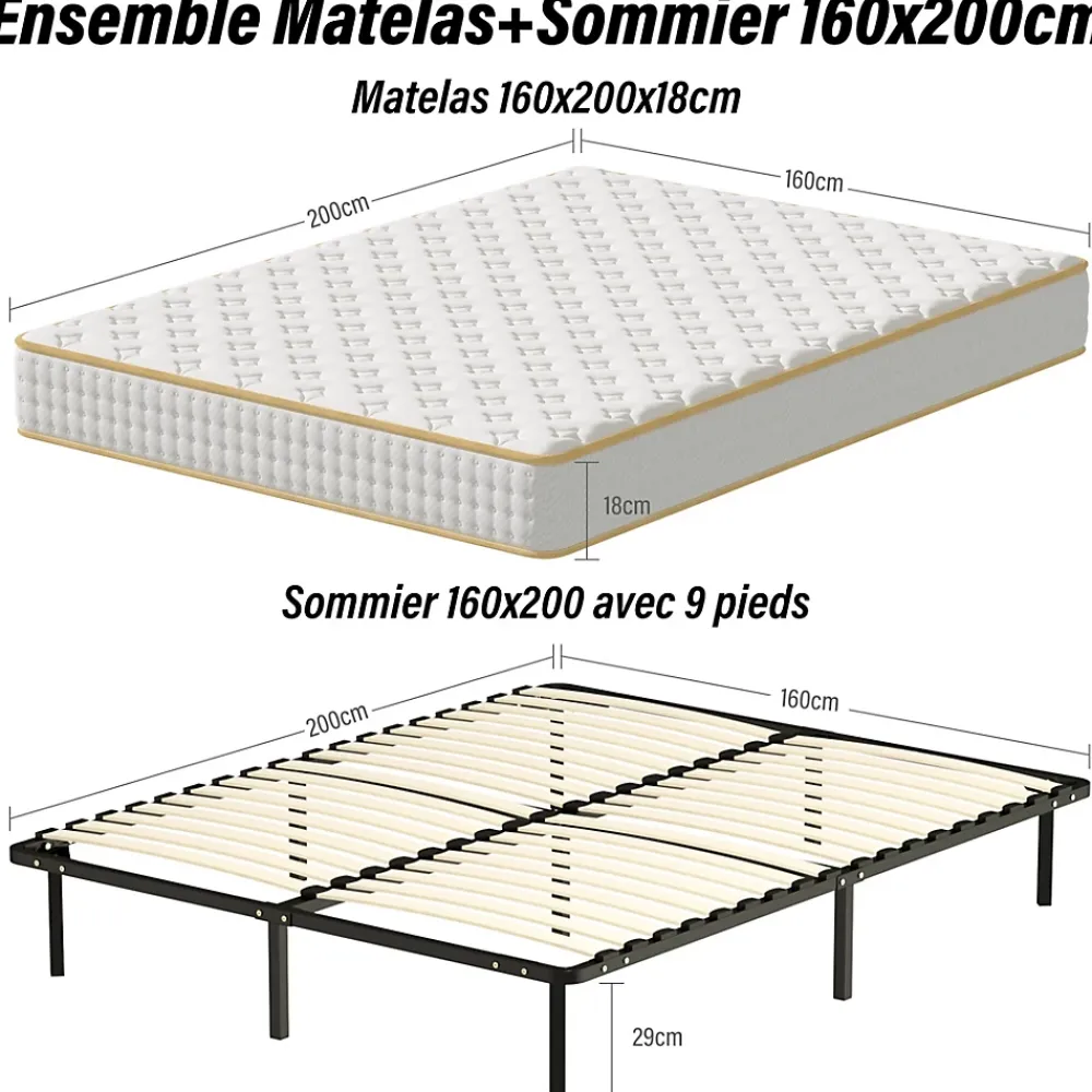 Teeno Ensemble Matelas en mousse + Sommier à Lattes 160x200cm, Epaisseur du Matelas 18 cm* Ensemble Sommier Et Matelas