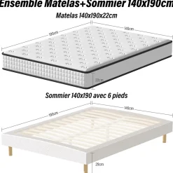 Teeno Ensemble Matelas en Mousse+ Lit Sommier Tapissier Déco 140x190cm, Epaisseur du Matelas 22cm* Ensemble Sommier Et Matelas