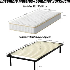 Ensemble Matelas en mousse + Sommier à Lattes 90x190cm, Epaisseur du Matelas 18 cm>Teeno New