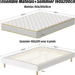 Teeno Ensemble Matelas en Mousse+ Lit Sommier Tapissier Déco 160x200cm, Epaisseur du Matelas 18cm* Ensemble Sommier Et Matelas