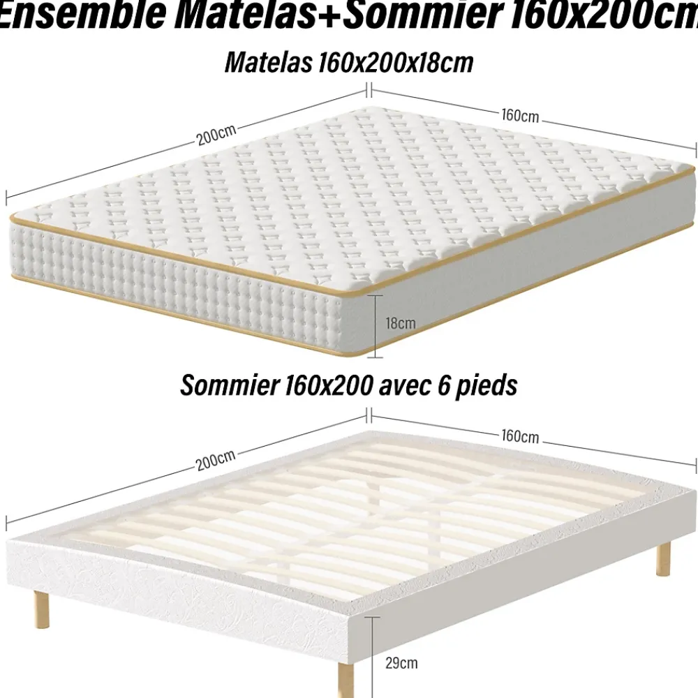 Teeno Ensemble Matelas en Mousse+ Lit Sommier Tapissier Déco 160x200cm, Epaisseur du Matelas 18cm* Ensemble Sommier Et Matelas