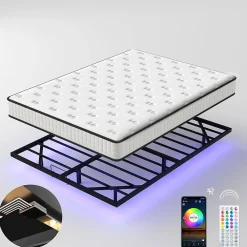 Ensemble matelas LED 160x200 cm cadre de lit en métal matelas en mousse de 22 cm d'épaisseur, cadre de lit double avec éclairage>Teeno Hot