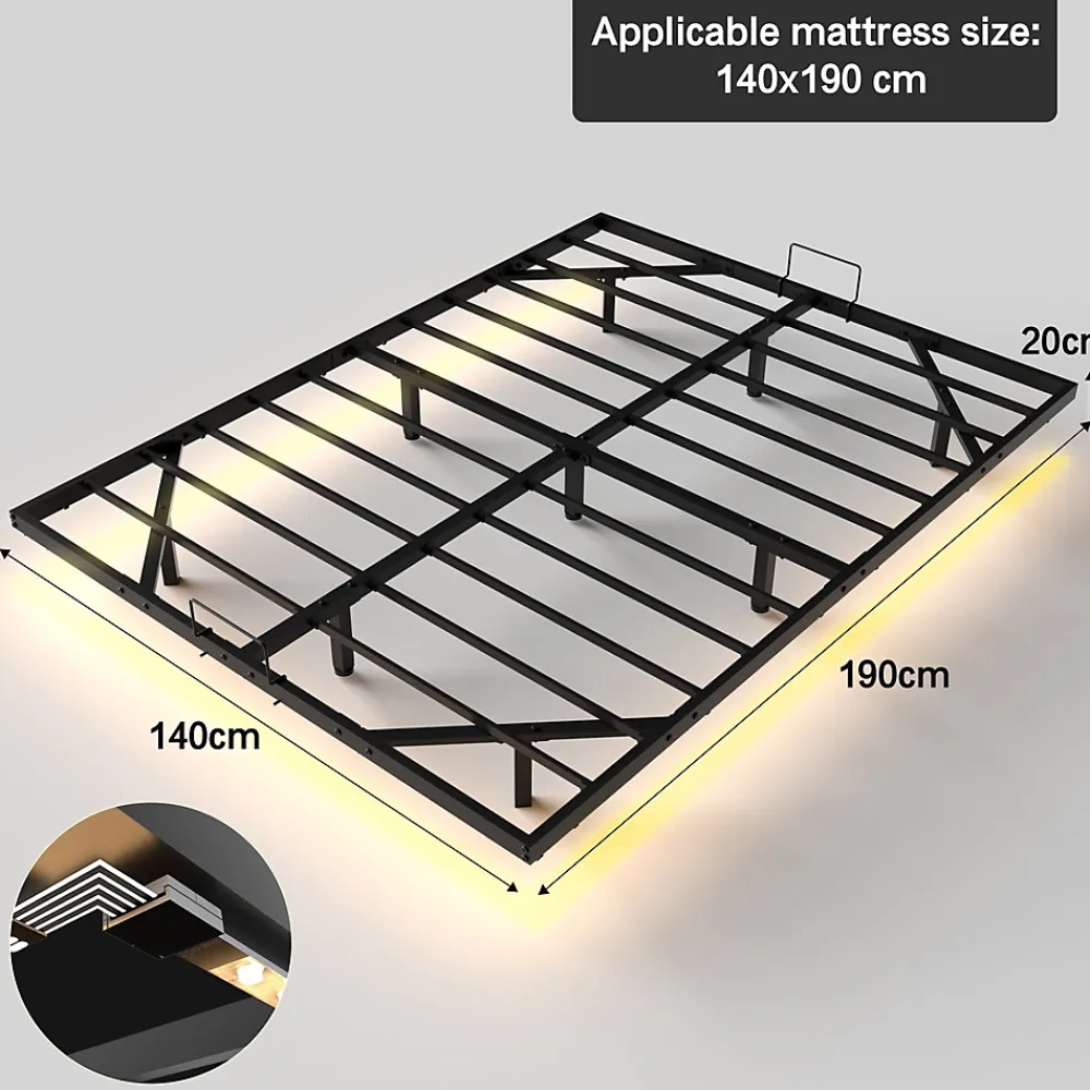 Teeno Ensemble matelas LED 140x190 cm - matelas en mousse de 22 cm d'épaisseur + cadre de lit en métal avec éclairage LED* Lit Double