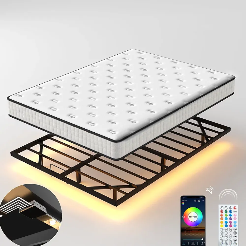 Teeno Ensemble matelas LED 140x190 cm - matelas en mousse de 22 cm d'épaisseur + cadre de lit en métal avec éclairage LED* Lit Double