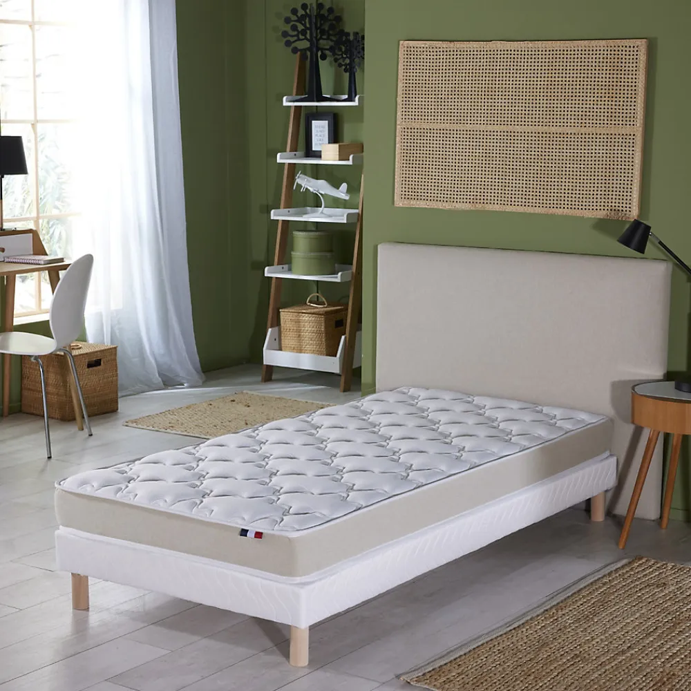 Ensemble Matelas Mousse Haute Résilience ESSENCE + Latex 3 zones +Sommier - Made in France 90 x 190 cm, Sommier - Blanc>Idliterie Best