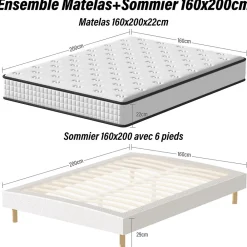 Ensemble 160x200 cm Matelas en Mousse+ Lit Sommier Tapissier Déco, Epaisseur du Matelas 22cm>Teeno Hot