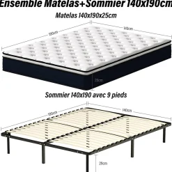 Ensemble 140x190cm Matelas à ressorts +Sommier à Lattes sur Pieds, Epaisseur du Matelas 25cm>Teeno Clearance