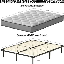 Ensemble 140x190cm Matelas à ressorts +Sommier à Lattes sur Pieds, Epaisseur du Matelas 20cm>Teeno Outlet