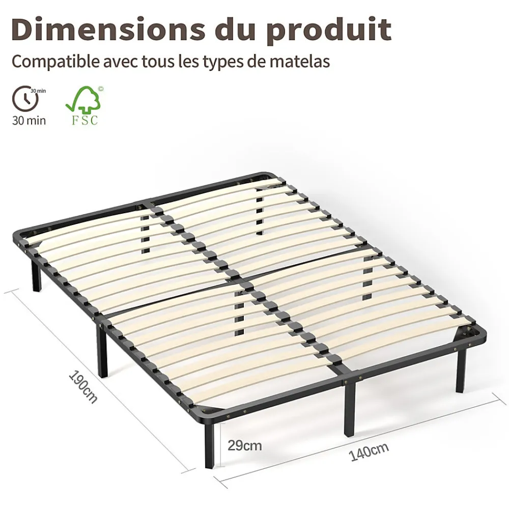 Ensemble 140x190cm Matelas à ressorts +Sommier à Lattes sur Pieds, Epaisseur du Matelas 20cm>Teeno Outlet