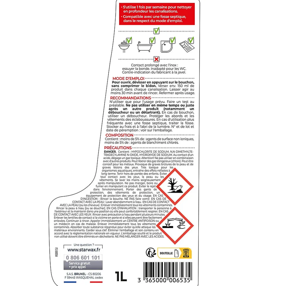Entretien canalisations avec javel 1L>Starwax New