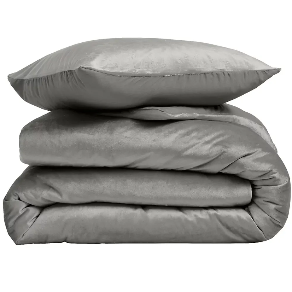 Douceur D'Intérieur Housse de Couette 240 x 220 cm Velours Uni Velina Anthracite + 2 Taies* Parure De Lit