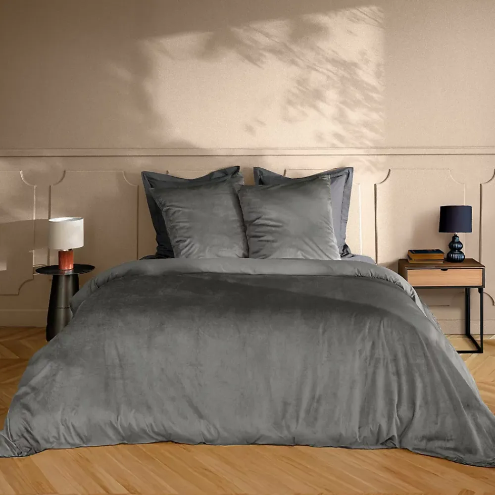 Douceur D'Intérieur Housse de Couette 240 x 220 cm Velours Uni Velina Anthracite + 2 Taies* Parure De Lit