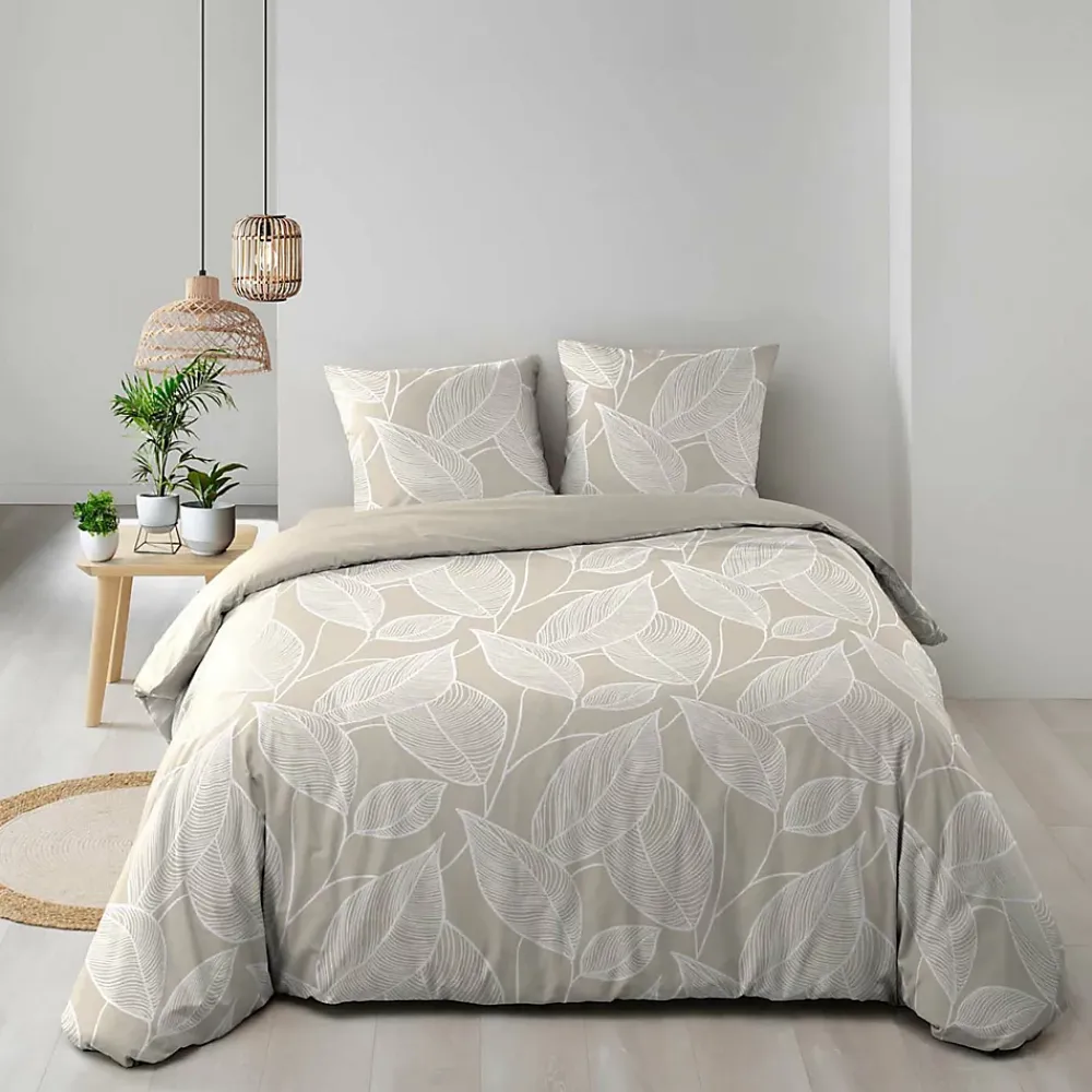 Douceur D'Intérieur Housse de couette 240 x 220 cm coton 57 fils imprimé feuillage AMANDA Naturel + 2 taies* Parure De Lit