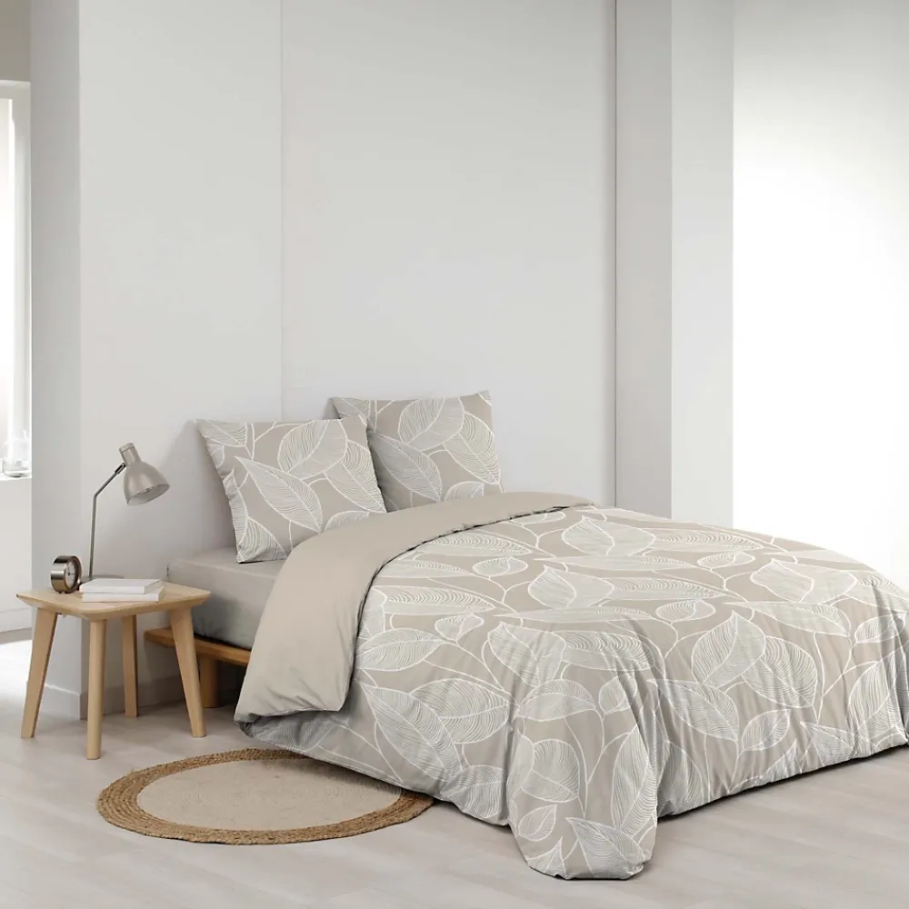 Douceur D'Intérieur Housse de couette 240 x 220 cm coton 57 fils imprimé feuillage AMANDA Naturel + 2 taies* Parure De Lit
