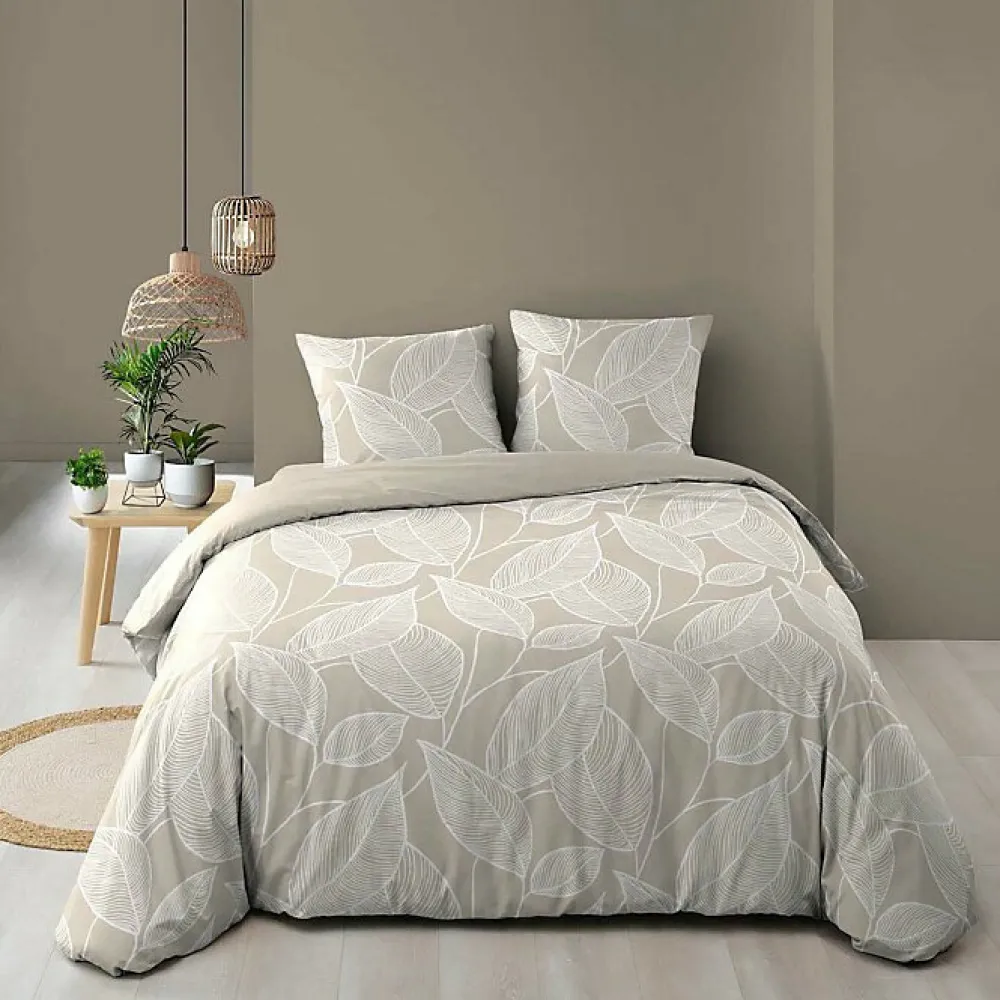 Douceur D'Intérieur Housse de couette 240 x 220 cm coton 57 fils imprimé feuillage AMANDA Naturel + 2 taies* Parure De Lit