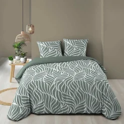 Housse de couette 240 x 220 cm imprimée 57 fils MORGANE Sauge 2 taies incluses>Douceur D'Intérieur Hot