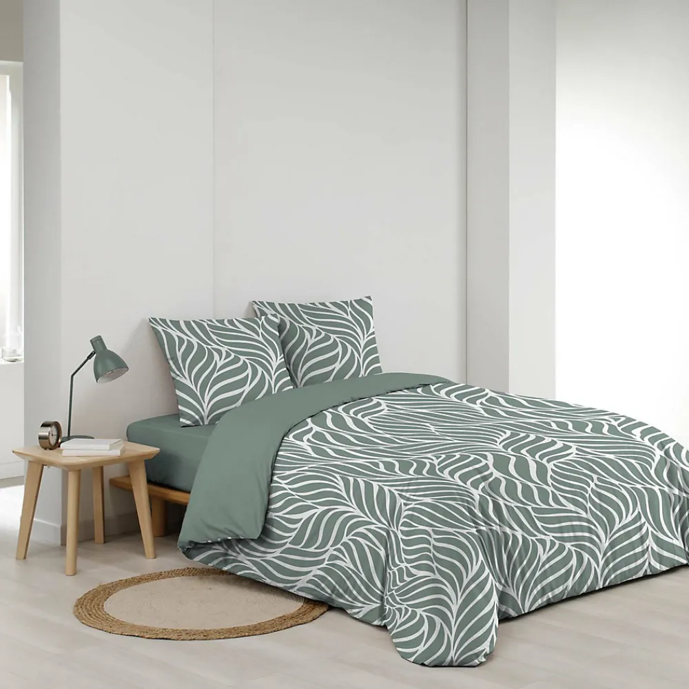 Housse de couette 240 x 220 cm imprimée 57 fils MORGANE Sauge 2 taies incluses>Douceur D'Intérieur Hot