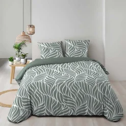 Housse de couette 240 x 220 cm imprimée 57 fils MORGANE Sauge 2 taies incluses><noscript><img width=
