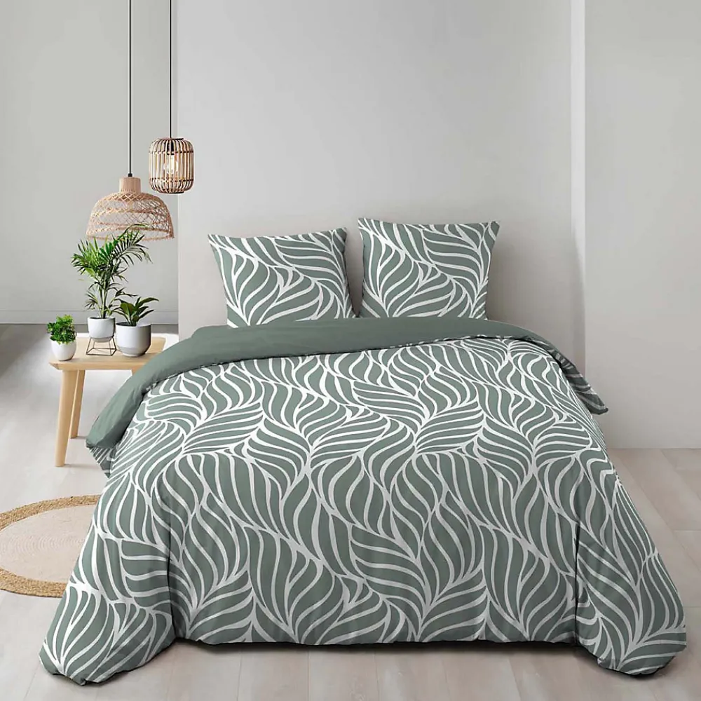 Housse de couette 240 x 220 cm imprimée 57 fils MORGANE Sauge 2 taies incluses>Douceur D'Intérieur Hot