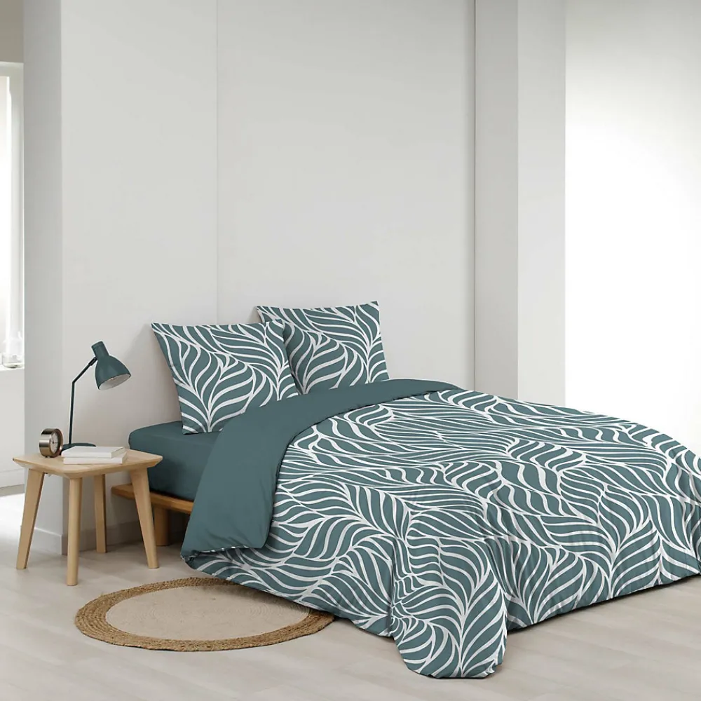 Housse de couette 240 x 220 cm imprimée 57 fils MORGANE Bleu 2 taies incluses>Douceur D'Intérieur Online