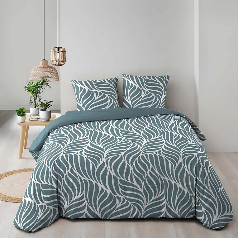 Housse de couette 240 x 220 cm imprimée 57 fils MORGANE Bleu 2 taies incluses>Douceur D'Intérieur Online