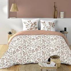 Housse de couette 240 x 220 cm coton 57 fils MAIWEN Mocha + 2 taies Motif végétal>Douceur D'Intérieur New