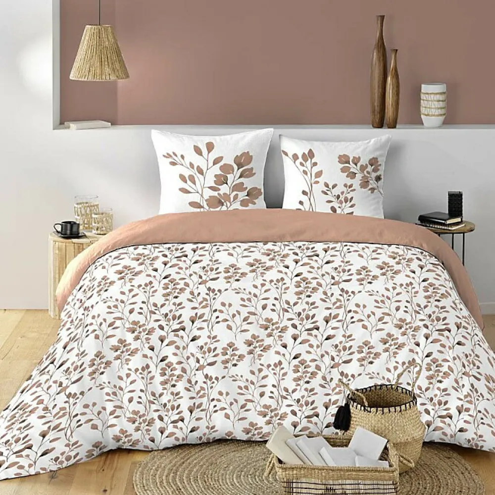 Housse de couette 240 x 220 cm coton 57 fils MAIWEN Mocha + 2 taies Motif végétal>Douceur D'Intérieur New