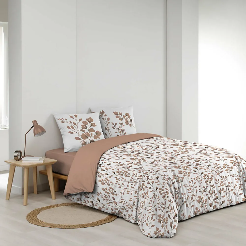 Housse de couette 240 x 220 cm coton 57 fils MAIWEN Mocha + 2 taies Motif végétal>Douceur D'Intérieur New