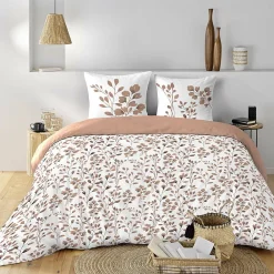 Housse de couette 240 x 220 cm coton 57 fils MAIWEN Mocha + 2 taies Motif végétal><noscript><img width=