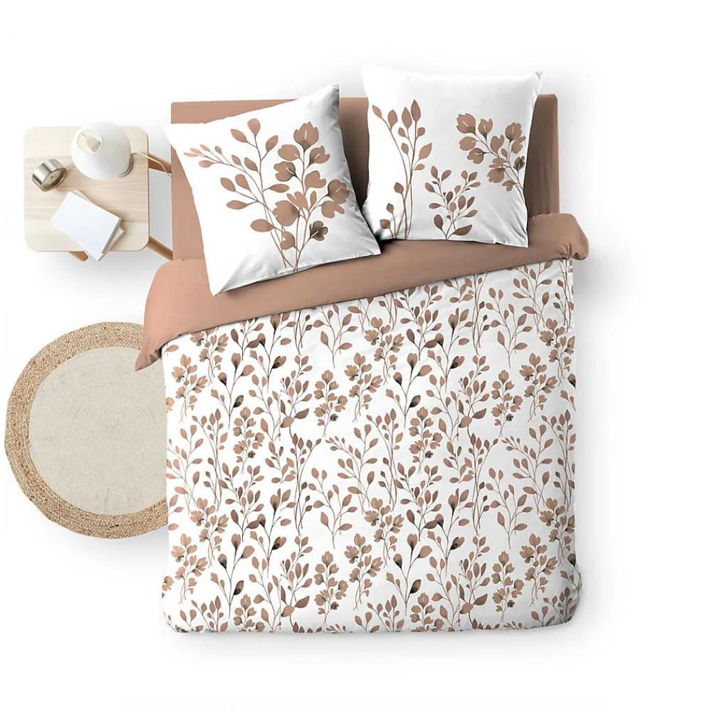 Housse de couette 240 x 220 cm coton 57 fils MAIWEN Mocha + 2 taies Motif végétal>Douceur D'Intérieur New