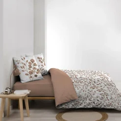 Housse de couette 240 x 220 cm coton 57 fils MAIWEN Mocha + 2 taies Motif végétal><noscript><img width=
