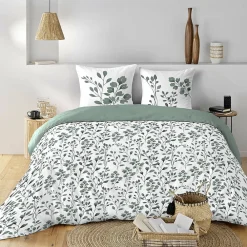 Douceur D'Intérieur Housse de couette 240 x 220 coton naturel 57 fils MAIWEN Sauge + 2 taies* Parure De Lit