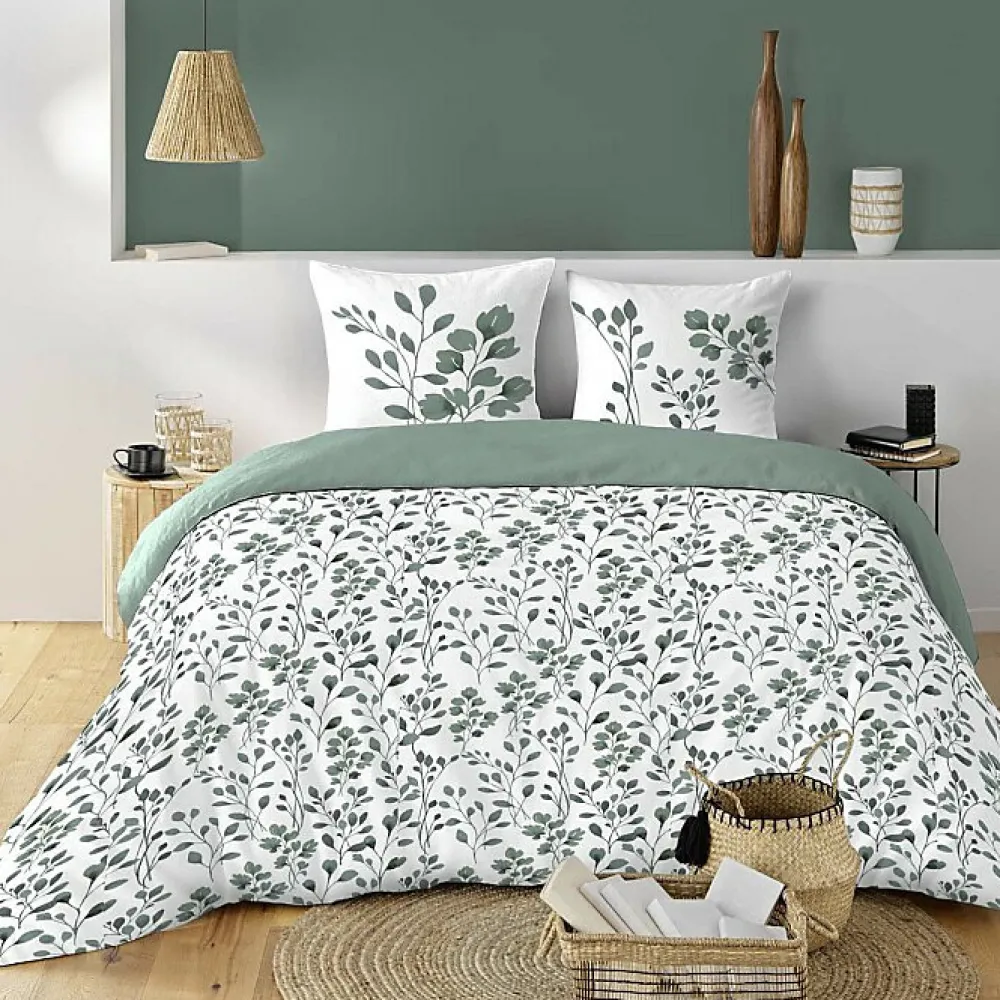 Douceur D'Intérieur Housse de couette 240 x 220 coton naturel 57 fils MAIWEN Sauge + 2 taies* Parure De Lit