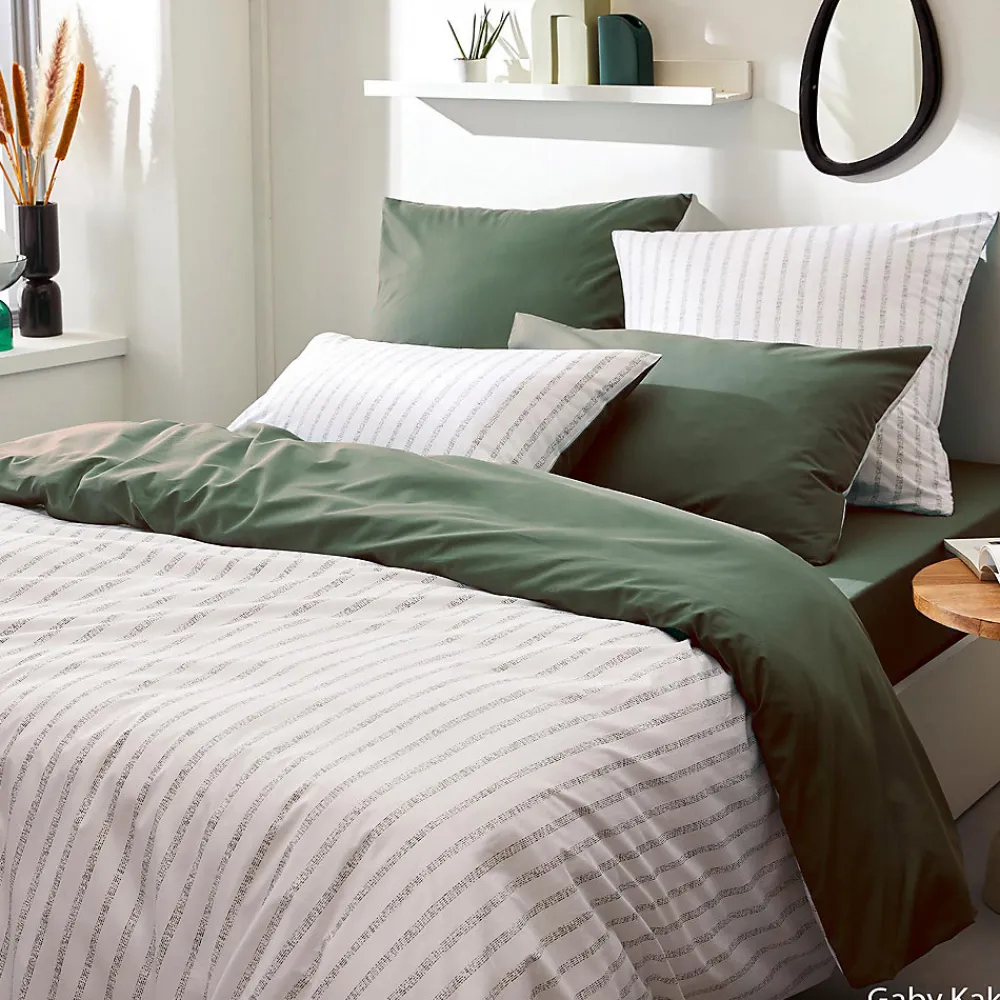 Housse de couette en percale de coton à rayures (140x200 cm - Vert Olive)>Tradilinge Discount