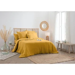 Housse de couette Linah - jaune ocre - lin lavé 260x240 cm - Atmosphera><noscript><img width=