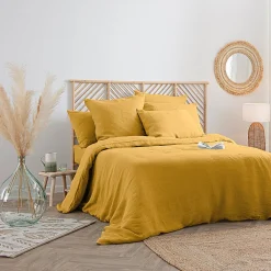 Housse de couette Linah - jaune ocre - lin lavé 260x240 cm - Atmosphera><noscript><img width=