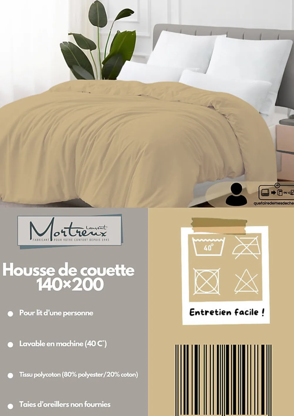 Housse de couette Polycoton Taupe - 1 personne 140 x 200 - 488-6>Mortreux Best