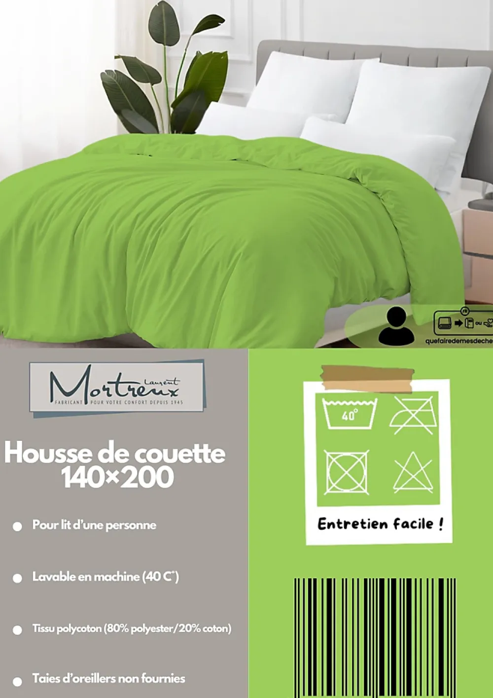 Mortreux Housse de couette Polycoton Verte - 1 personne 140 x 200 - 488-2* Housse De Couette