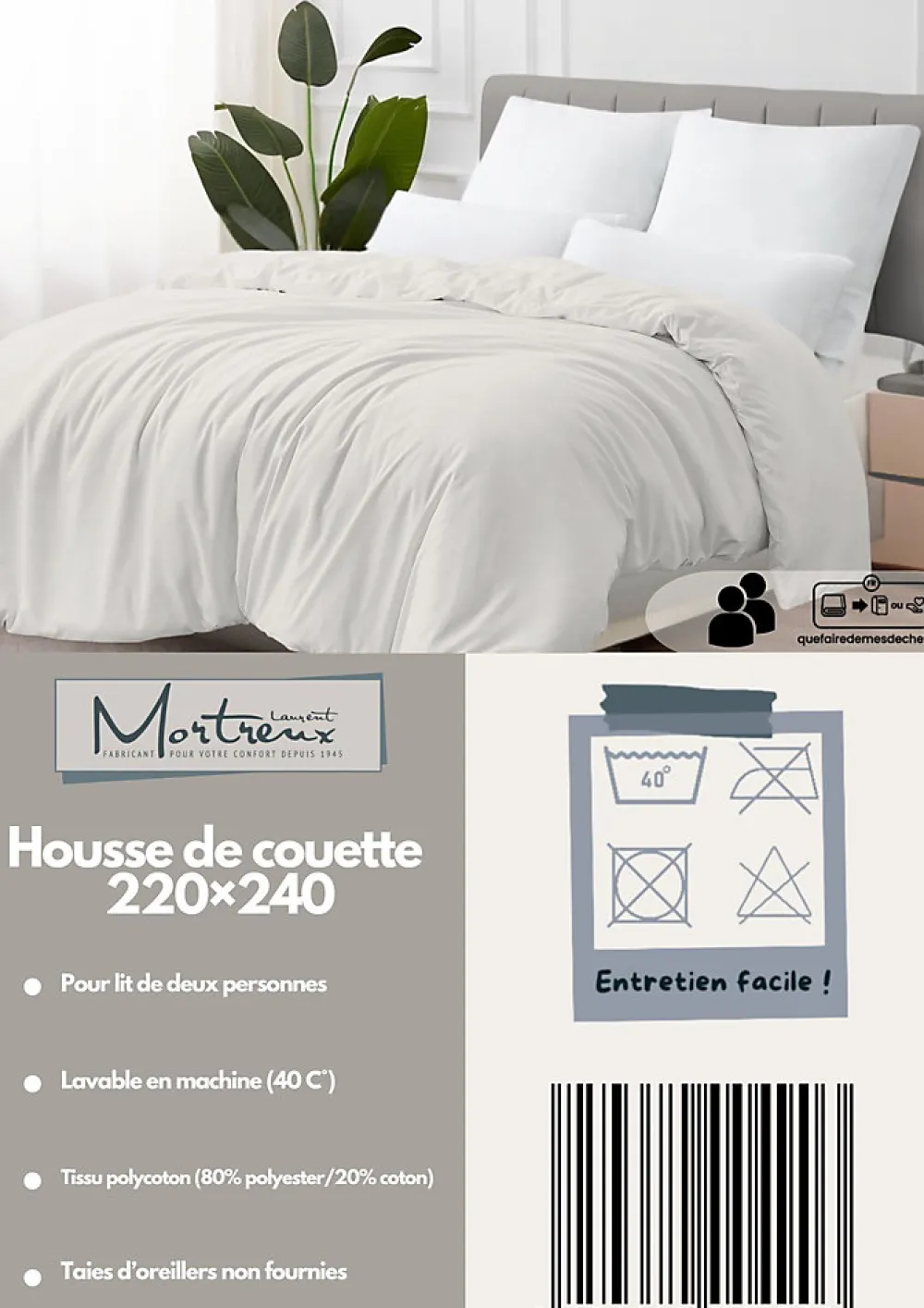 Housse de couette Polycoton Blanc - 2 personnes 220 x 240 - Toutes saisons ->Mortreux
