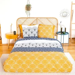 Housse de couette réversible 200x200 KERITA + 2 taies 100% coton adouci 57 fils/cm2>Cote Deco Sale