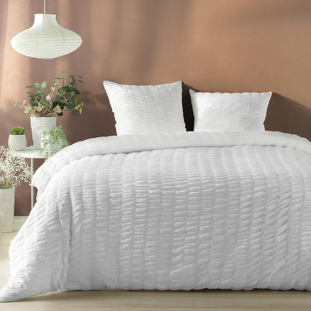 Housse de couette 240x220 + 2 taies plissée blanche>Douceur D'Intérieur Online